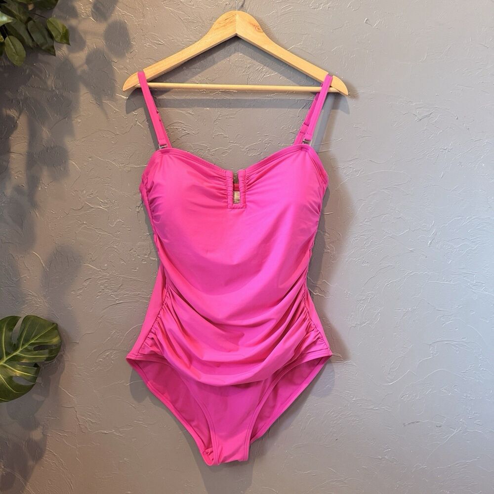 DKNY Hot Pink Ruched One Piece Swimsuit XL Barbiecore Resortwear Tummy Control - Picture 2 of 8